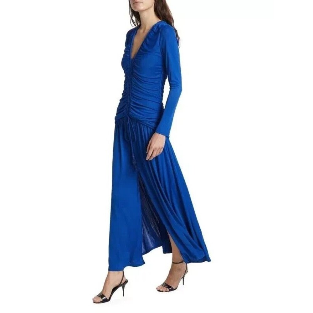 Farm Rio womens Bright Blue Knit V Neck Ruched Slit Long Maxi Dress size XS $240